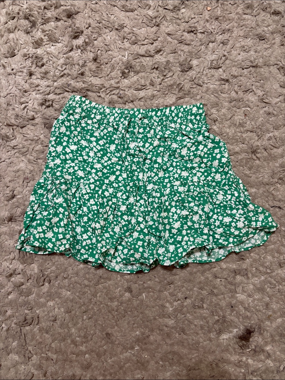 Green Floral Ruffle Mini Skirt with Elastic Waist